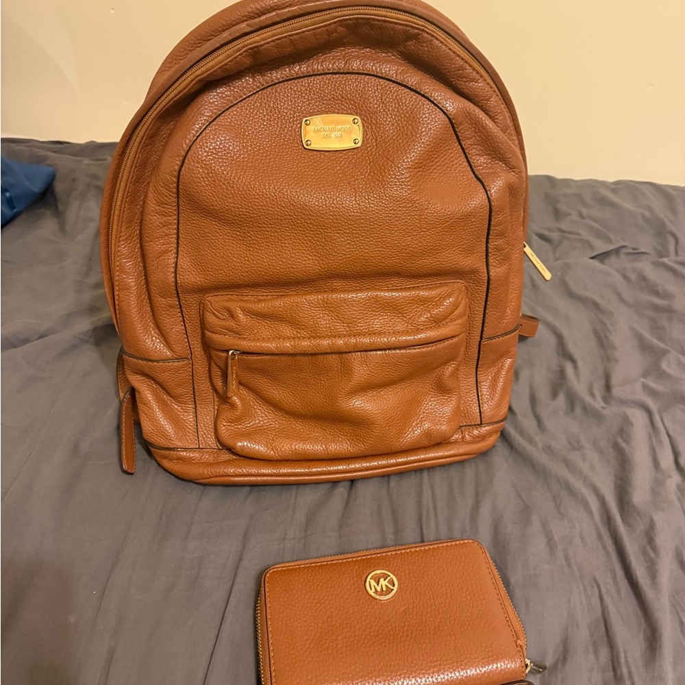 Michael Kors Brown Leather Backpack and Wallet Set
